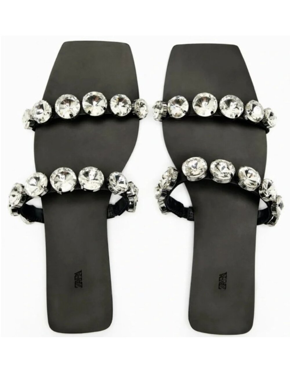 ZARA Gemstone Embellished Flat Black Leather Slider Sandals Square Toe Size 39